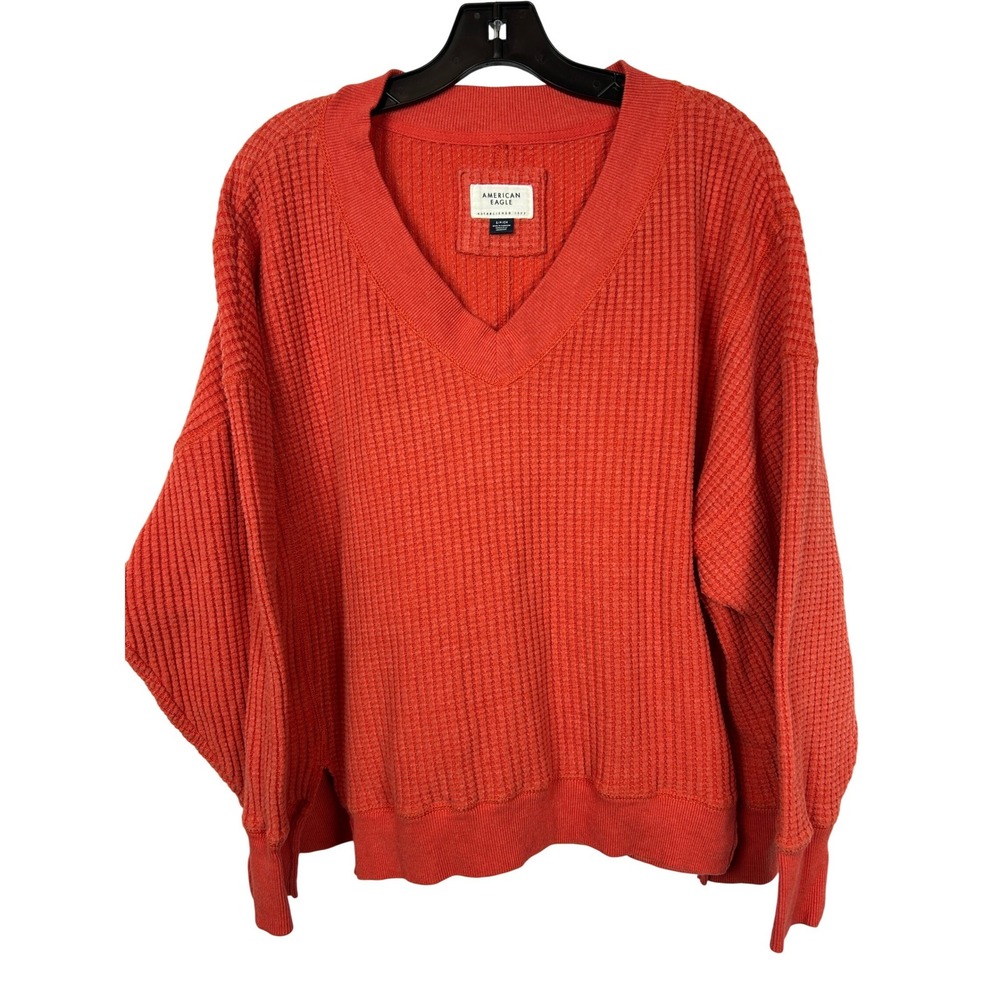 American Eagle Waffle Knit V-Neck Sweater Distressed Orange Red Oversized Small
